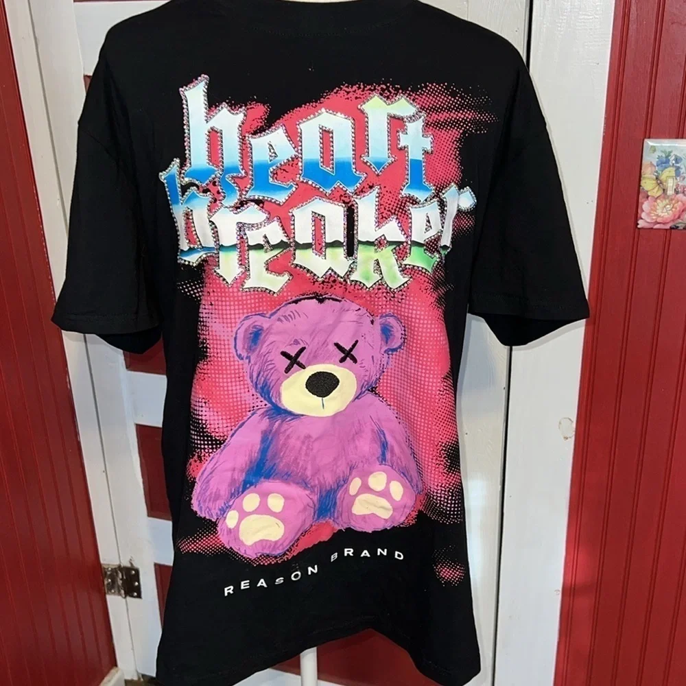 Reason Unisex Heart Breaker Bling Rhinestone Teddy Bear T- Shirt XL - Picture 2 of 8